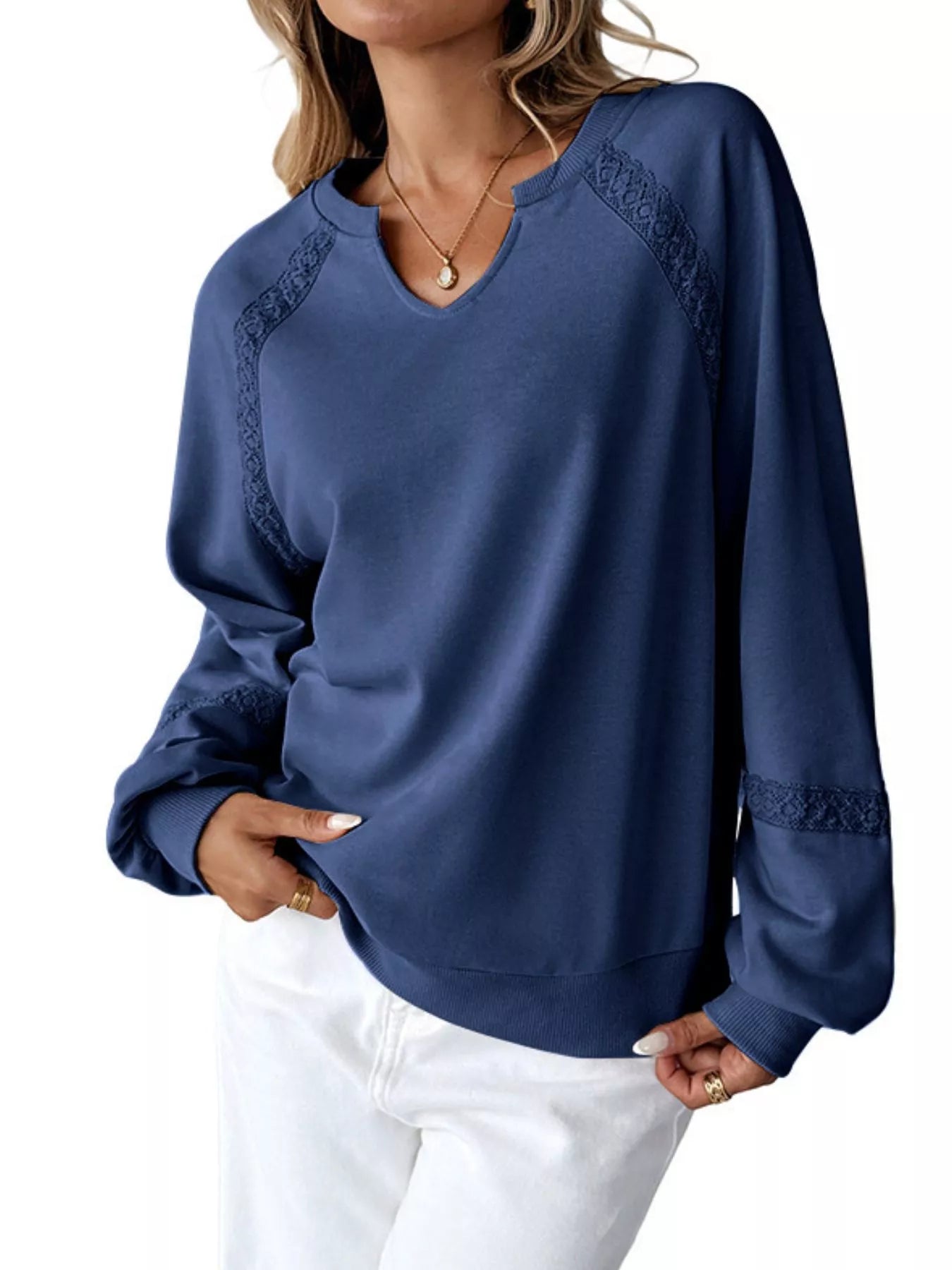 Sarah Express Women's Notched Raglan Sleeve Sweatshirt with Lace Detail