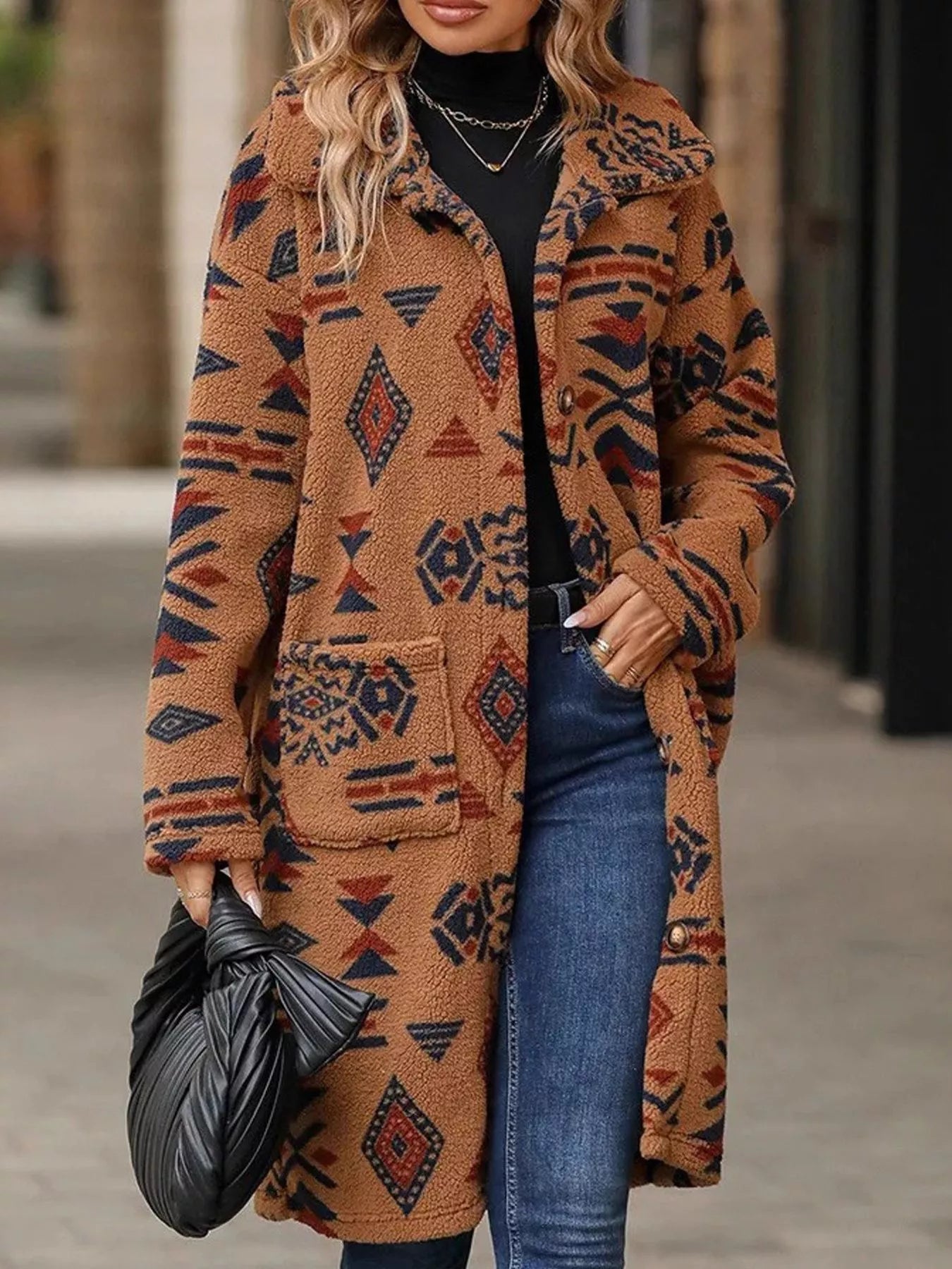 Sarah Express Women's Geometric Button Up Longline Coat - Oversized Trench Coat with Pockets Brown