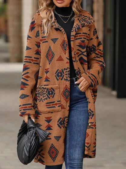 Sarah Express Women's Geometric Button Up Longline Coat - Oversized Trench Coat with Pockets Brown