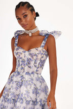 Sarah Express Women's Floral Off-Shoulder Halter Dress Lace-Up Organza Swing Dress with Digital Print