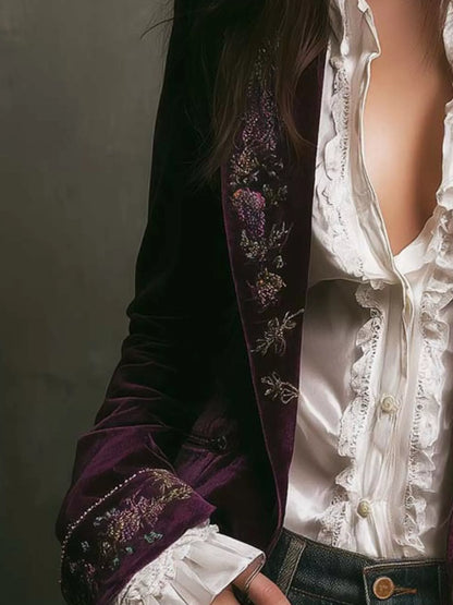 Sarah Express Women's Embroidered Velvet Jacket - Long Sleeve Outerwear