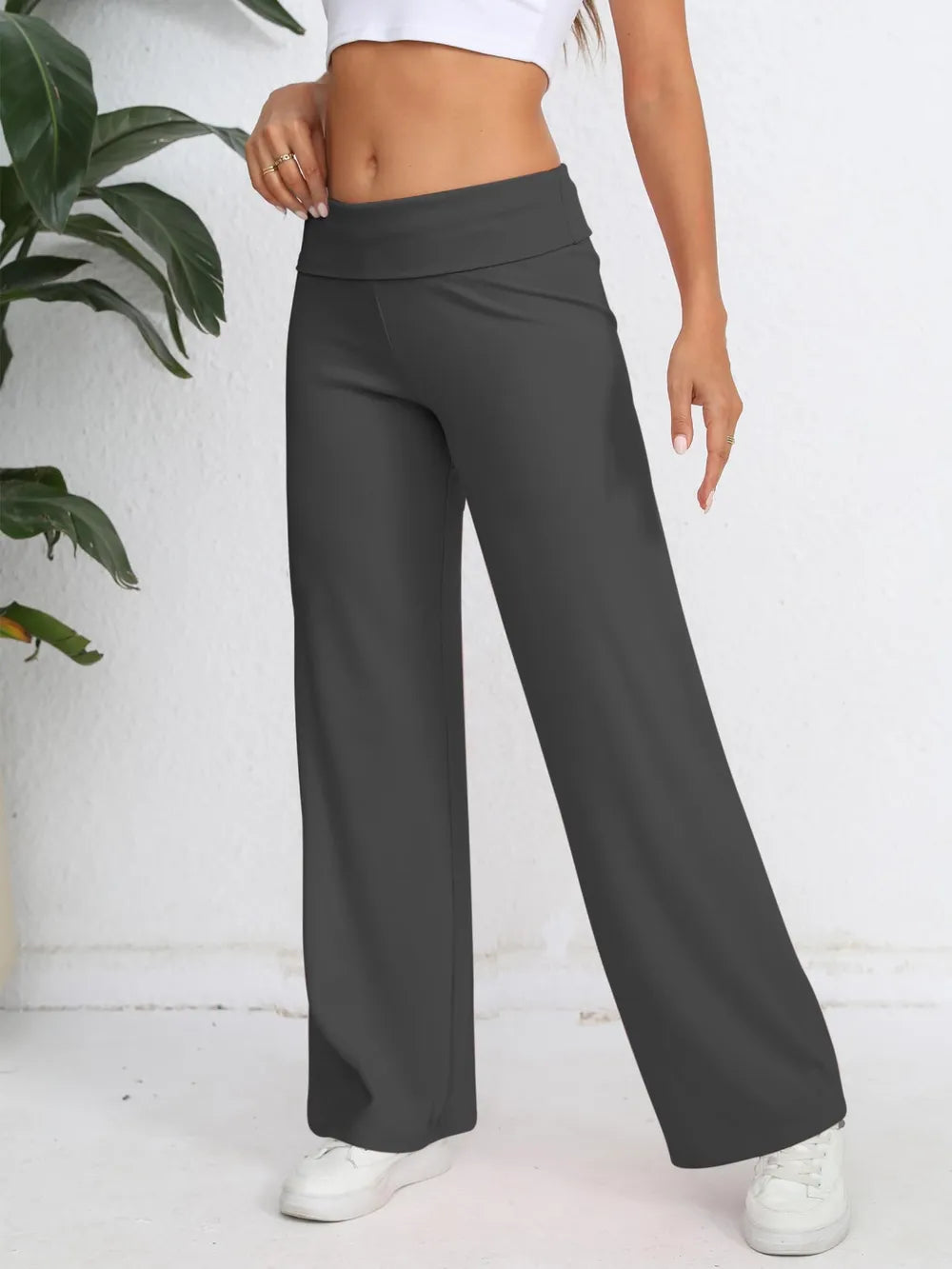 Sarah Express Women's Elastic Waist Wide Leg Pants Dark Gray