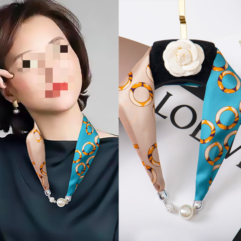 Sarah Express Magnetic Buckle Silk Scarf with Pearl Detail Women's Rectangular Necklace Scarf
