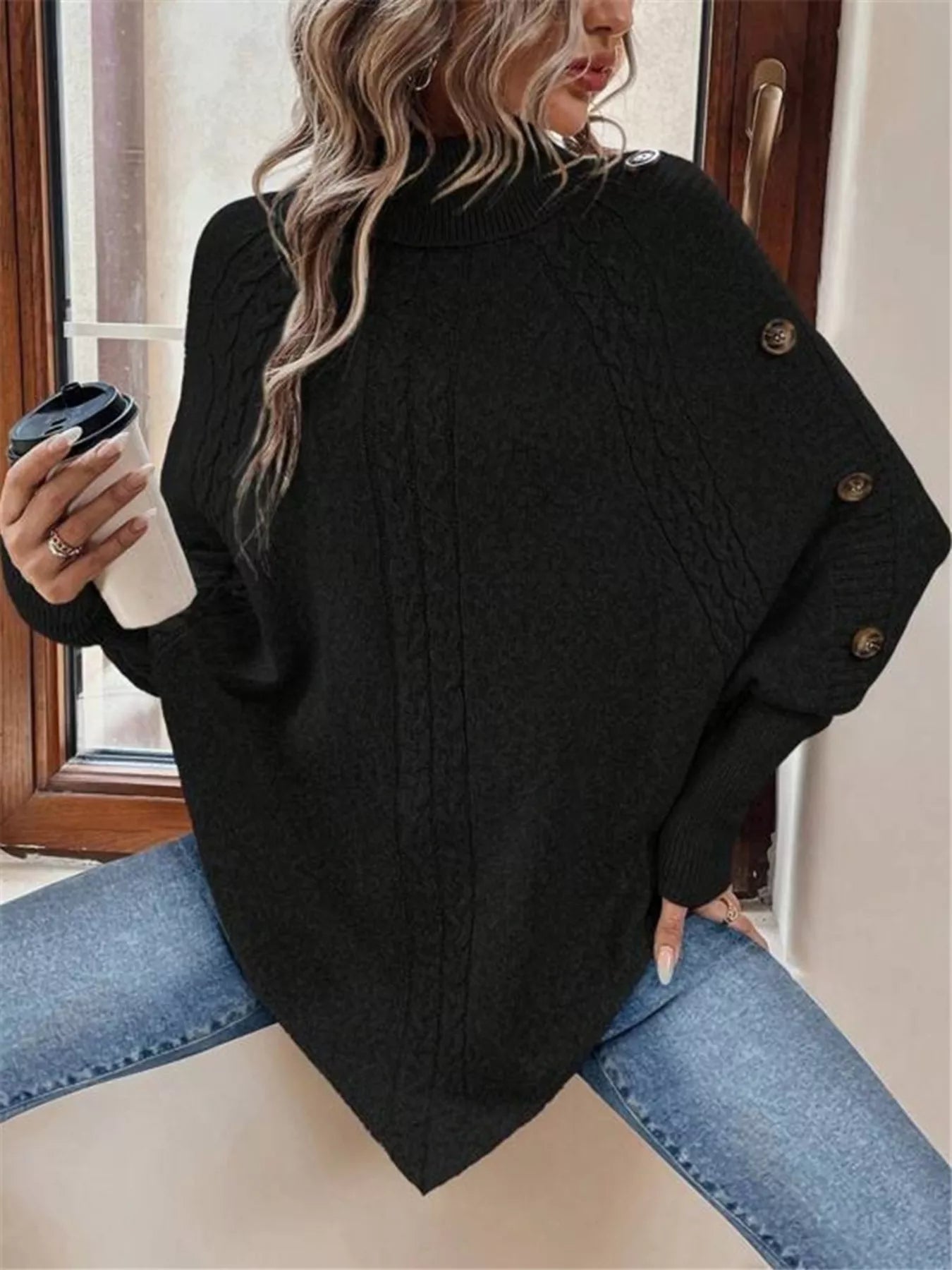 Sarah Express Women's Cable Knit Turtleneck Cape Sweater
