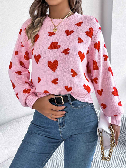 Sarah Express Women's Color Block Heart Lantern Sleeve Pullover Sweater - Casual Knitwear