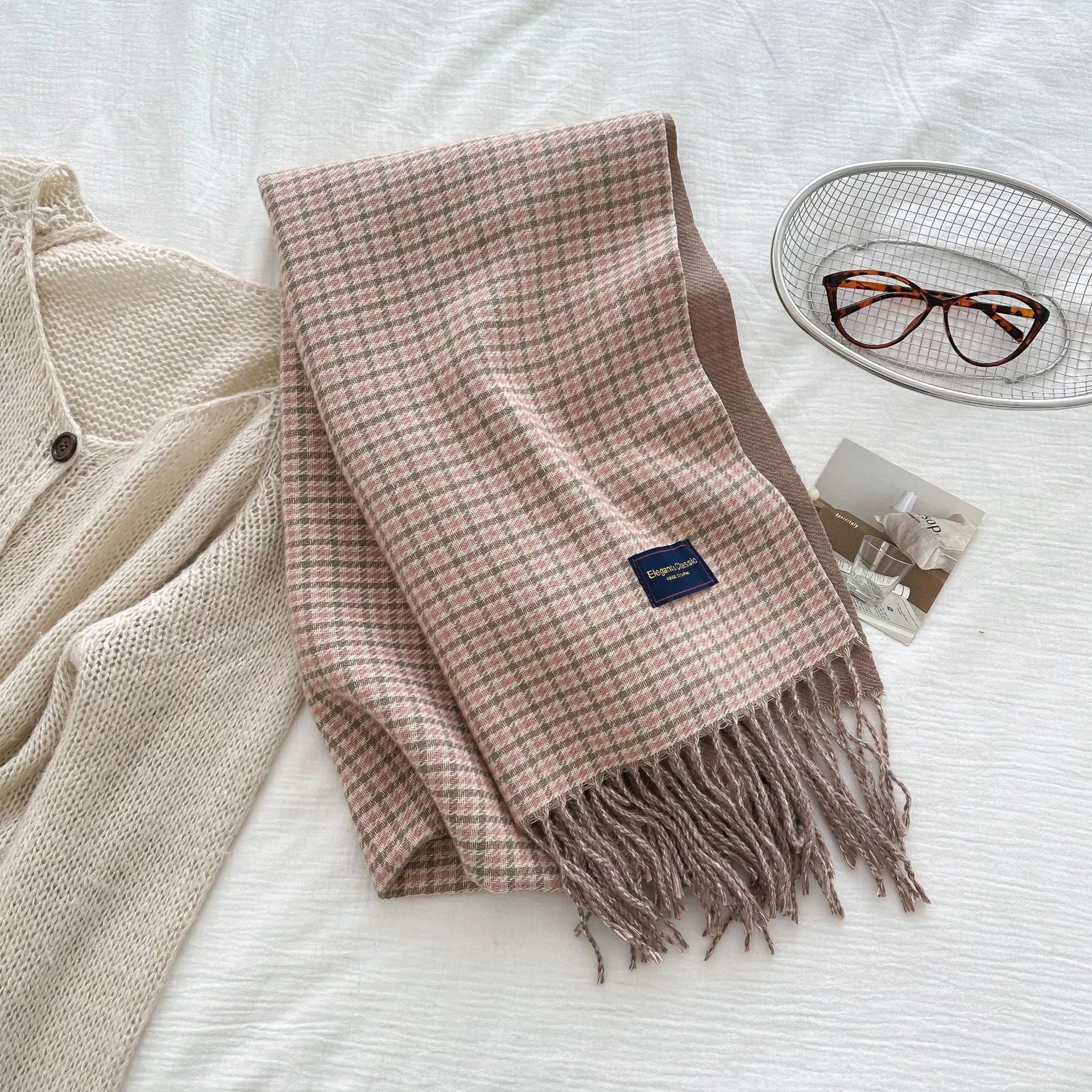 Sarah Express Women's Plaid Fringe Warm Winter Scarf Pink One Size