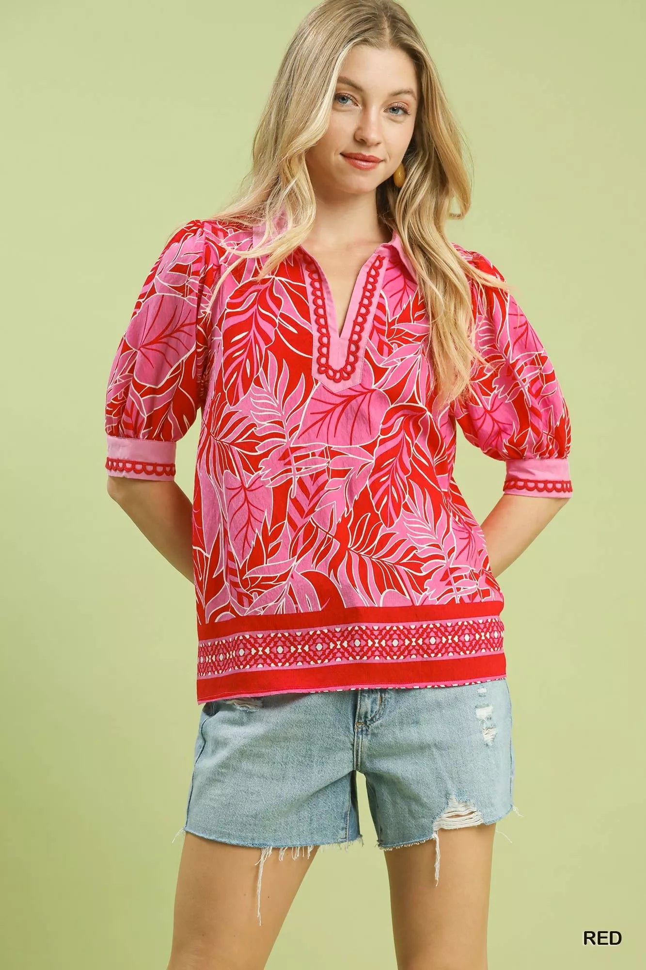 Sarah Express Women's Tropical Print Puff Sleeve Blouse RED