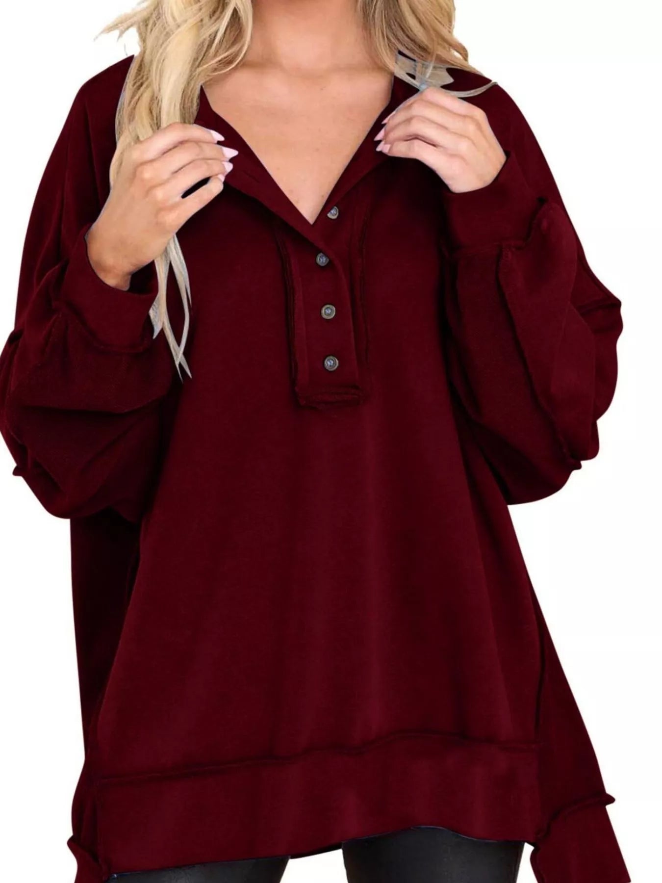 Sarah Express Women's Half Snap Long Sleeve Oversized Sweatshirt Burgundy
