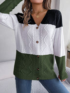 Sarah Express Women's Contrast Color Block Button Long Sleeve Sweater Loose Fit Acrylic Knit