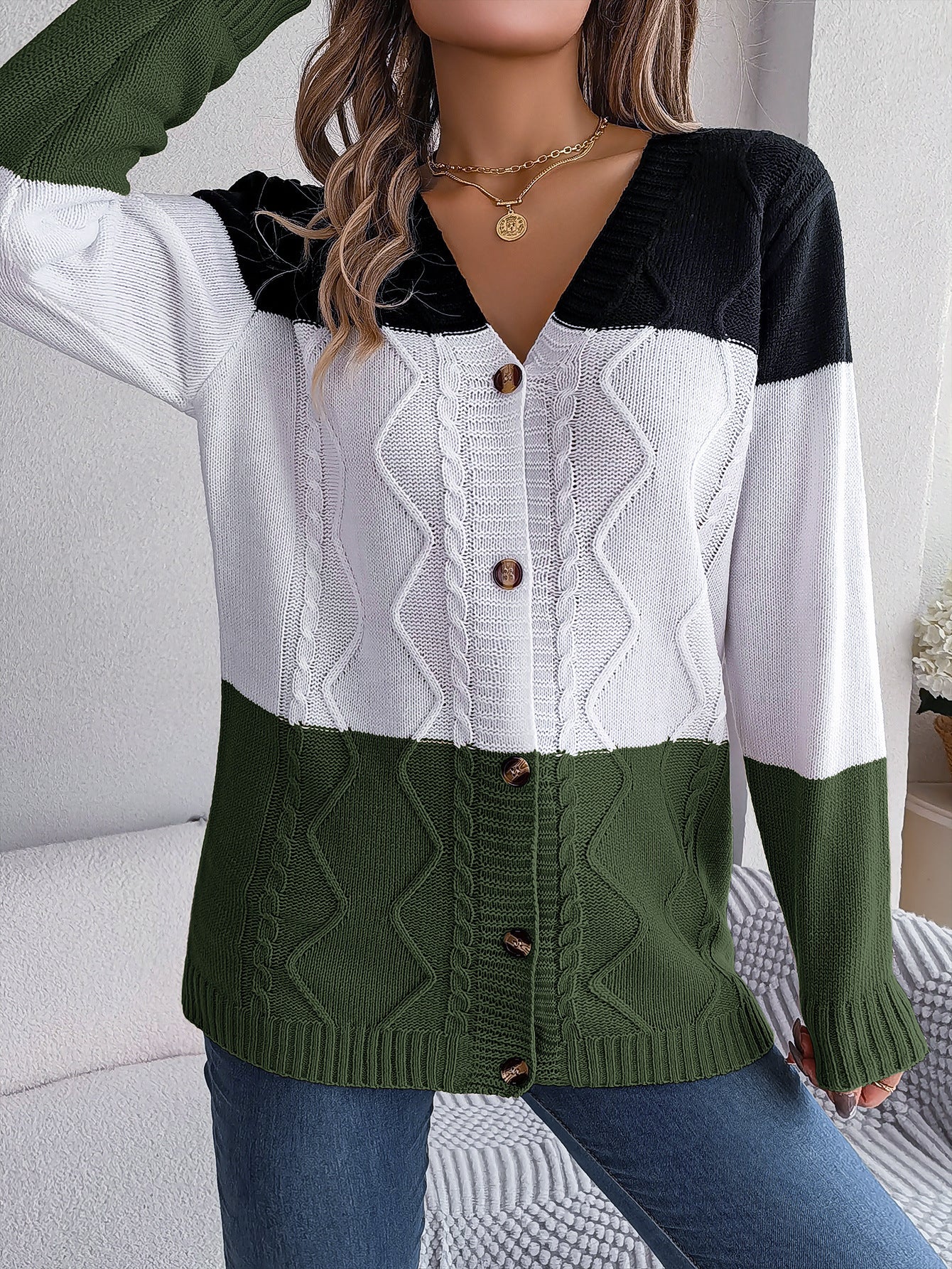 Sarah Express Women's Contrast Color Block Button Long Sleeve Sweater Loose Fit Acrylic Knit