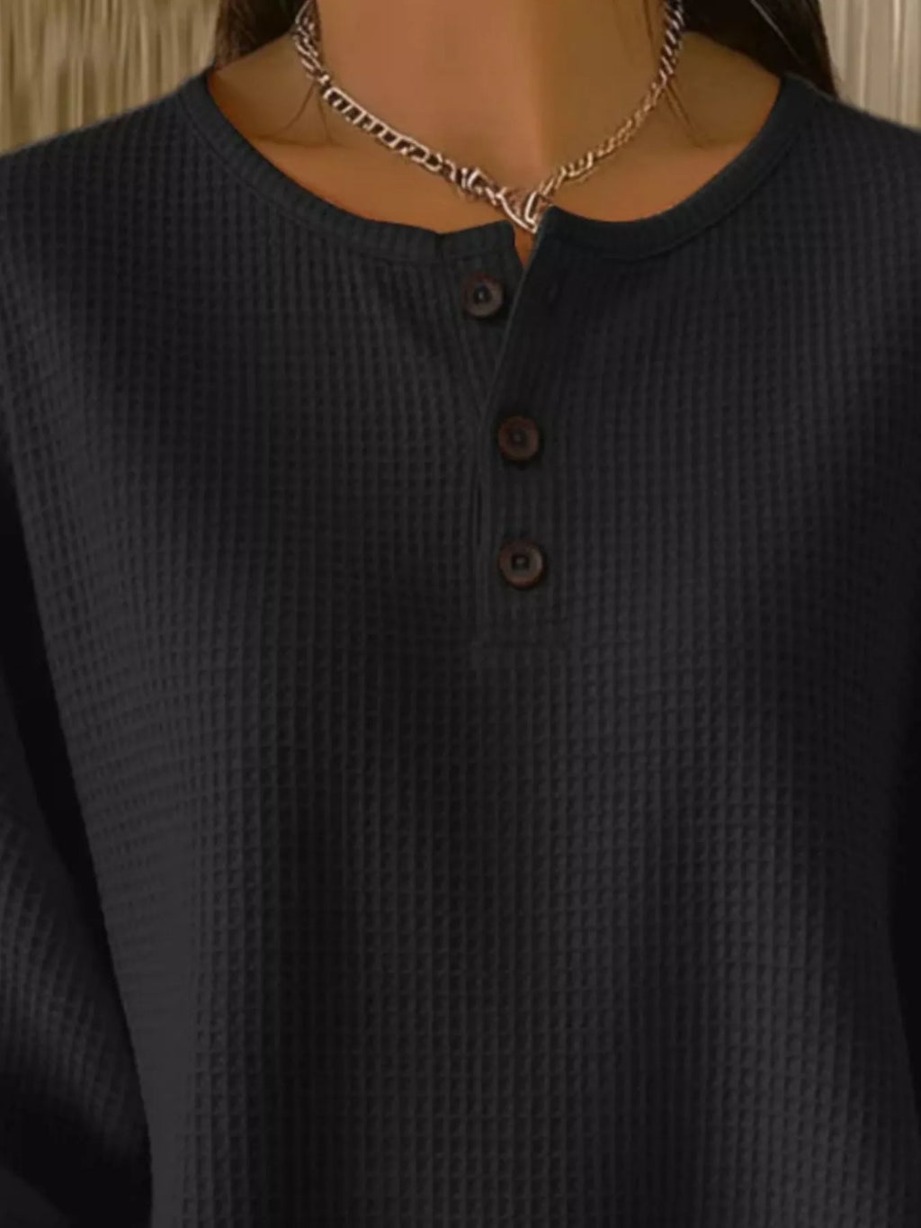 Sarah Express Women's Waffle Knit Button Detail Top - Plus Size Long Sleeve Casual Shirt