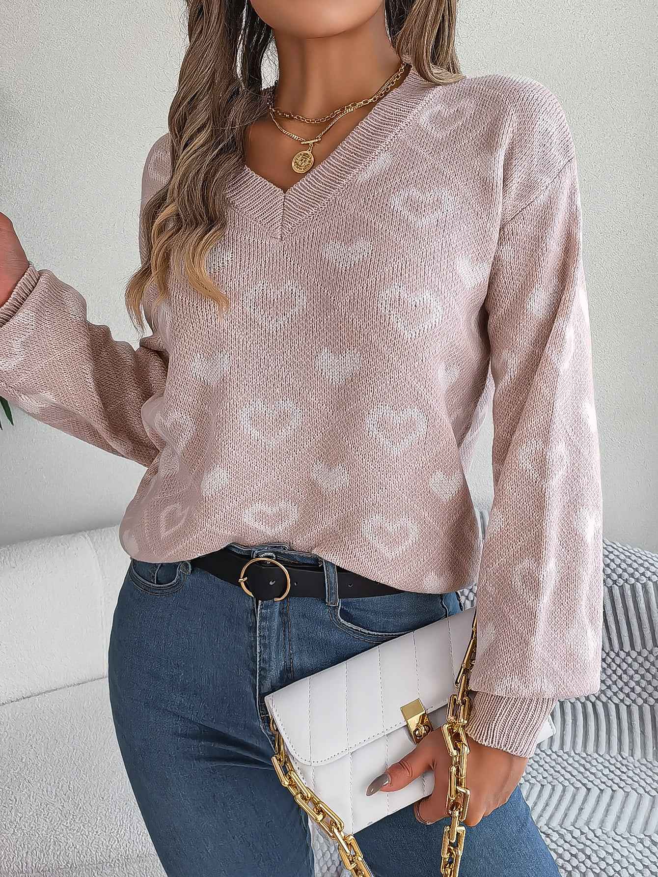 Sarah Express Women Sweet Color Block Heart Lantern Sleeve Pullover Sweater