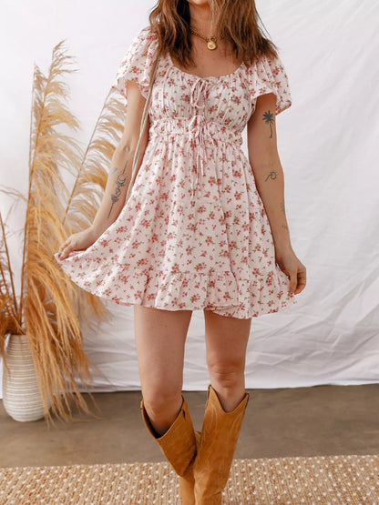 Sarah Express Women's Front Tie Shirred Waist Short Sleeve Ruffled Floral Mini Dress