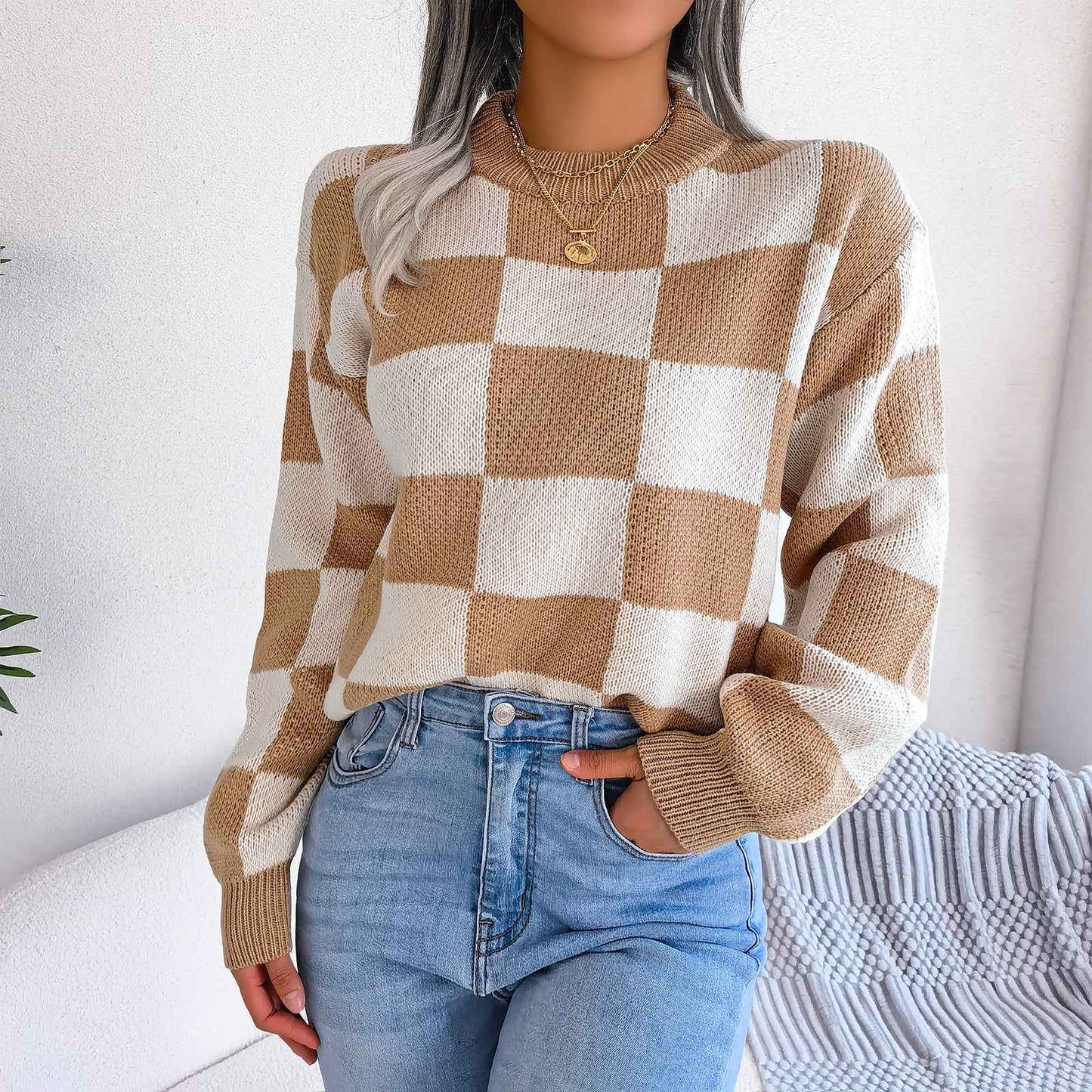 Sarah Express Women's Color Block Plaid Knit Sweater - Oversized Pullover with Lantern Sleeves