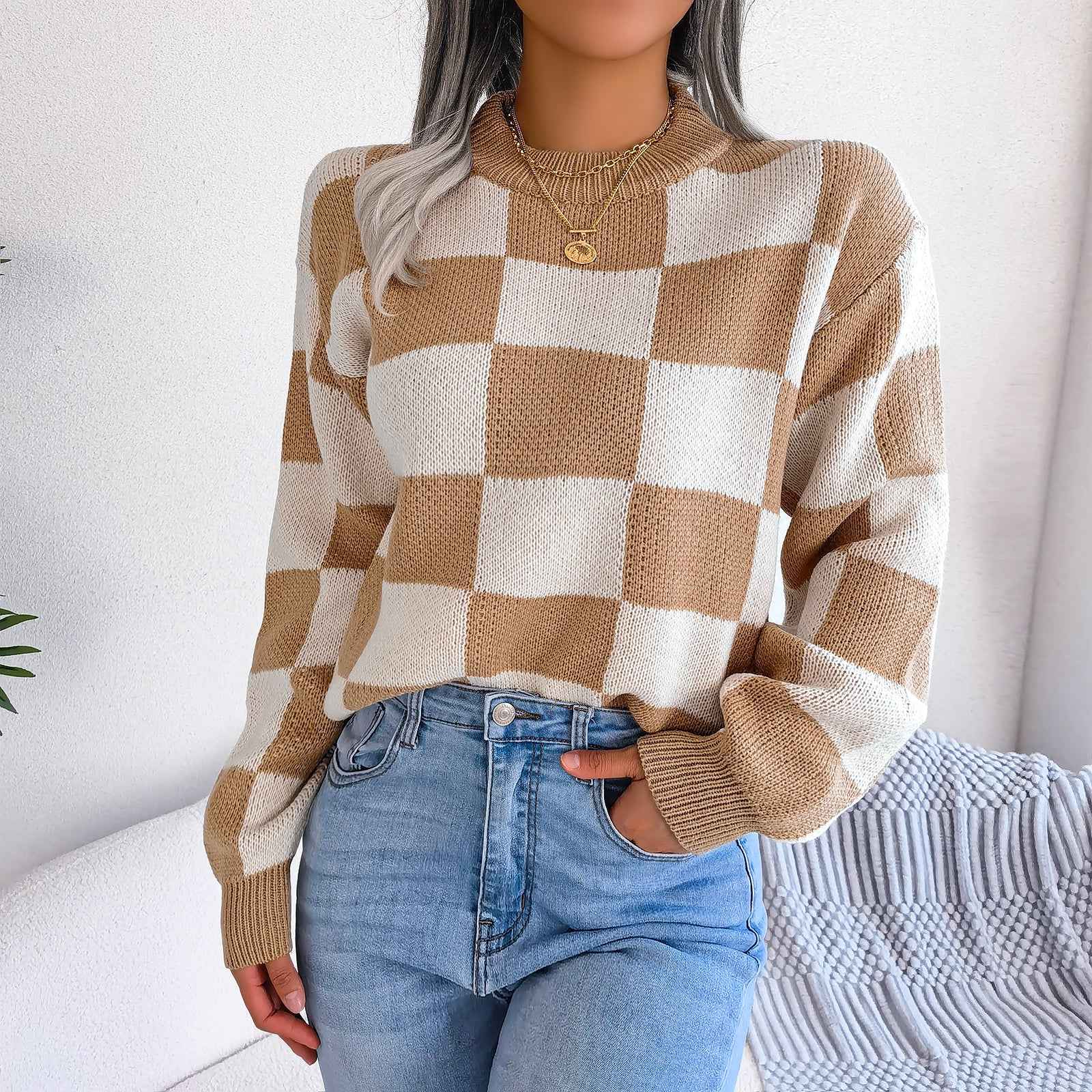 Sarah Express Women's Color Block Plaid Knit Sweater - Oversized Pullover with Lantern Sleeves