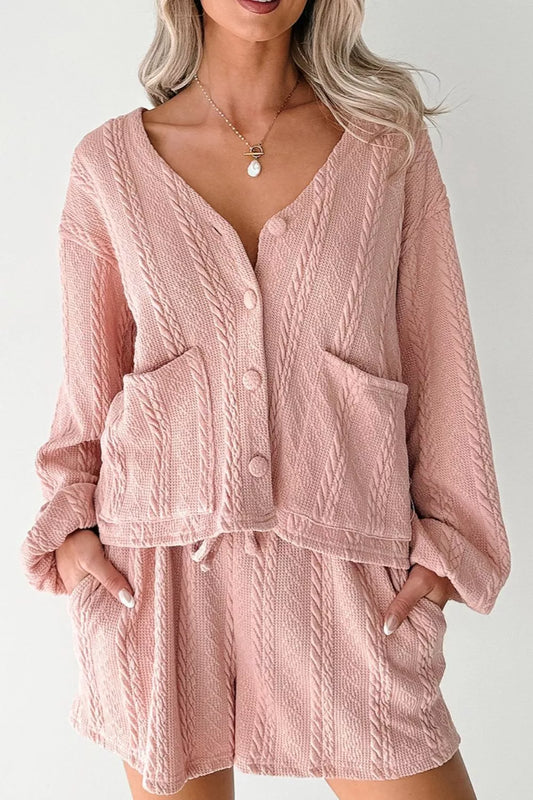 Sarah Express Women's Cable Knit V Neck Cardigan and Shorts Set Pale Blush