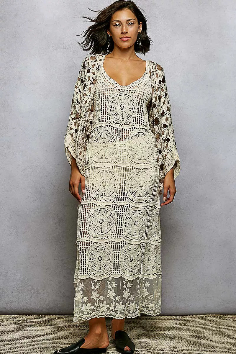 Sarah Express Women's Open Front Floral Crochet Cardigan - Dolman Sleeve Boho Sweater