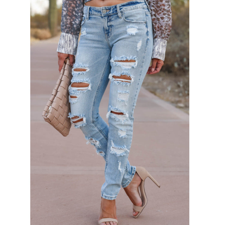 Sarah Express Women's Distressed Skinny Pants Mid Waist Cotton Ripped Denim Trousers Street Style