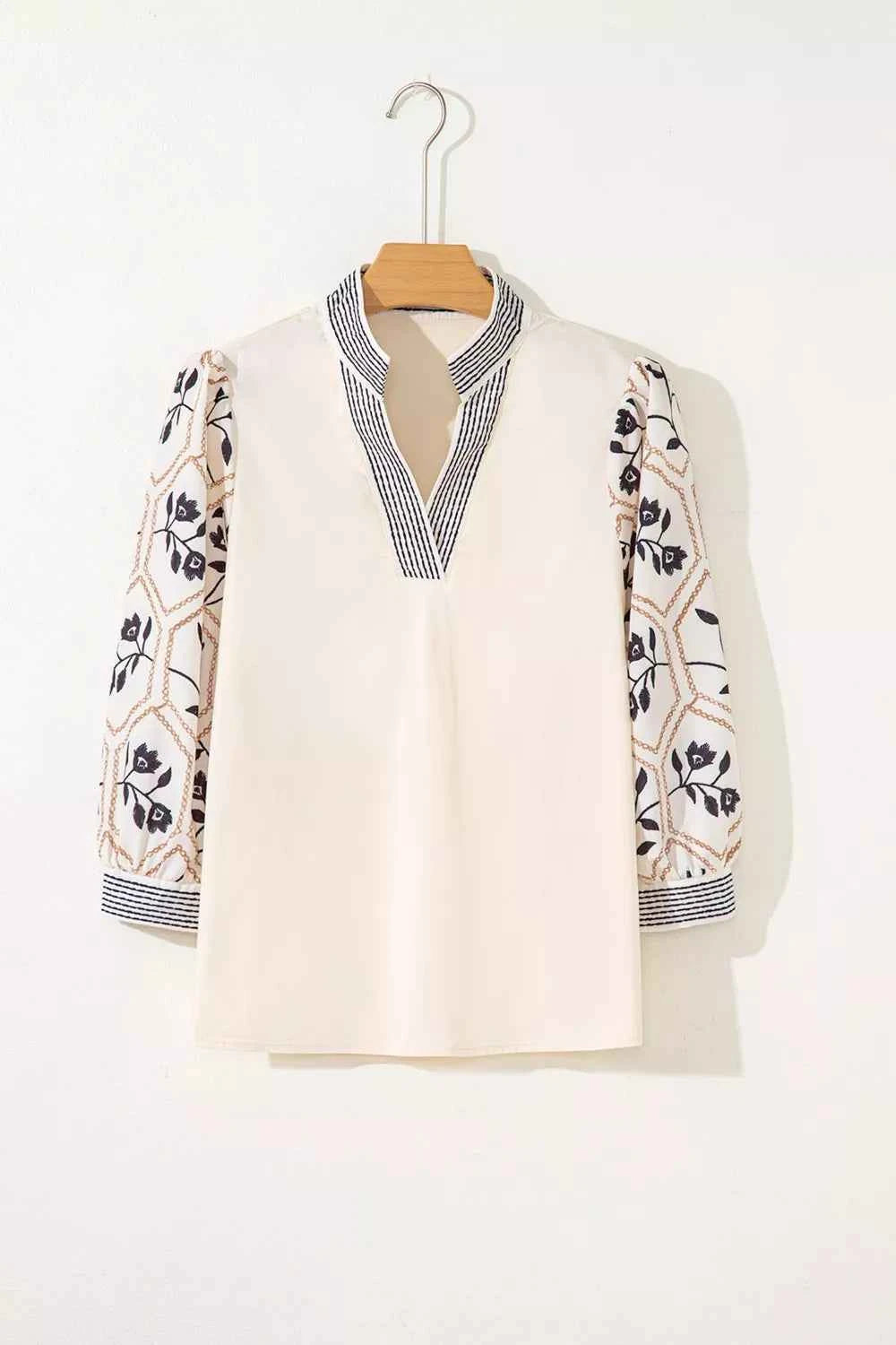 Sarah Express Women's Embroidered Floral Sleeve Blouse - Notched Collar Cotton Top