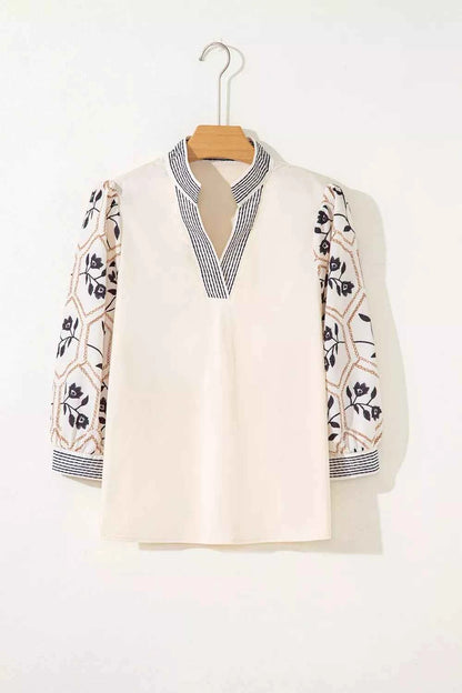 Sarah Express Women's Embroidered Floral Sleeve Blouse - Notched Collar Cotton Top