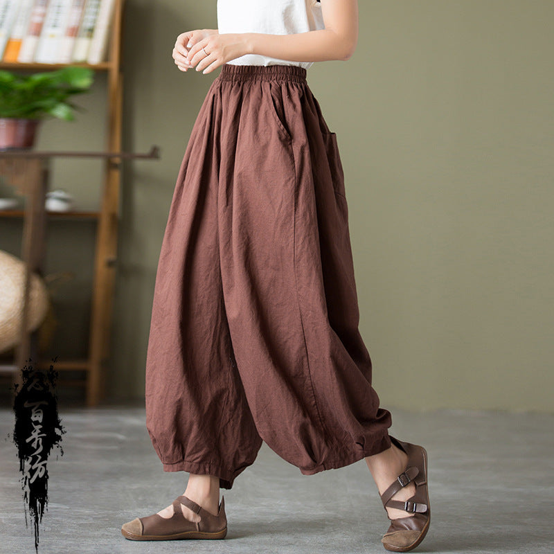 Sarah Express Women's Sand Washed Cotton Linen Bloomers Mid Waist Cropped Loose Pants