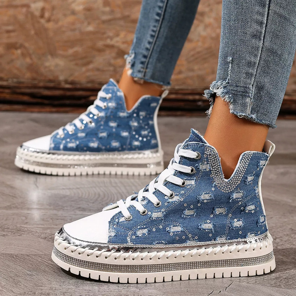 Sarah Express Women's Rhinestone Platform Sneakers Lace Up Canvas Shoes Blue
