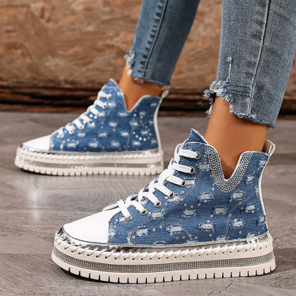 Sarah Express Women's Rhinestone Platform Sneakers Lace Up Canvas Shoes Blue