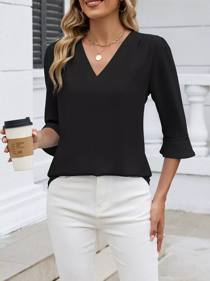 Sarah Express Women's V-Neck 3/4 Sleeve Blouse with Lace Detail