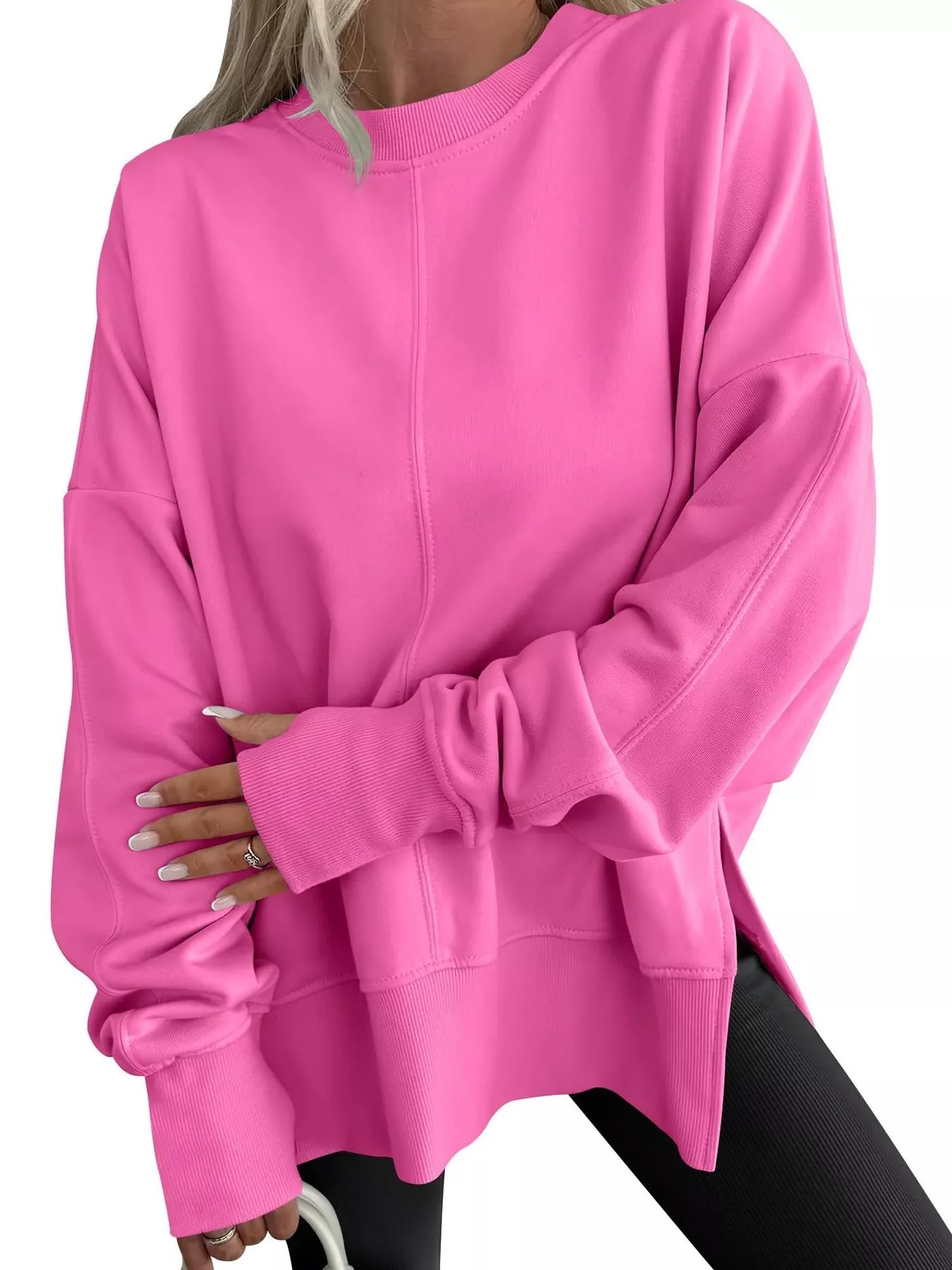 Sarah Express Women's Side Slit Round Neck Long Sleeve Sweatshirt Pink