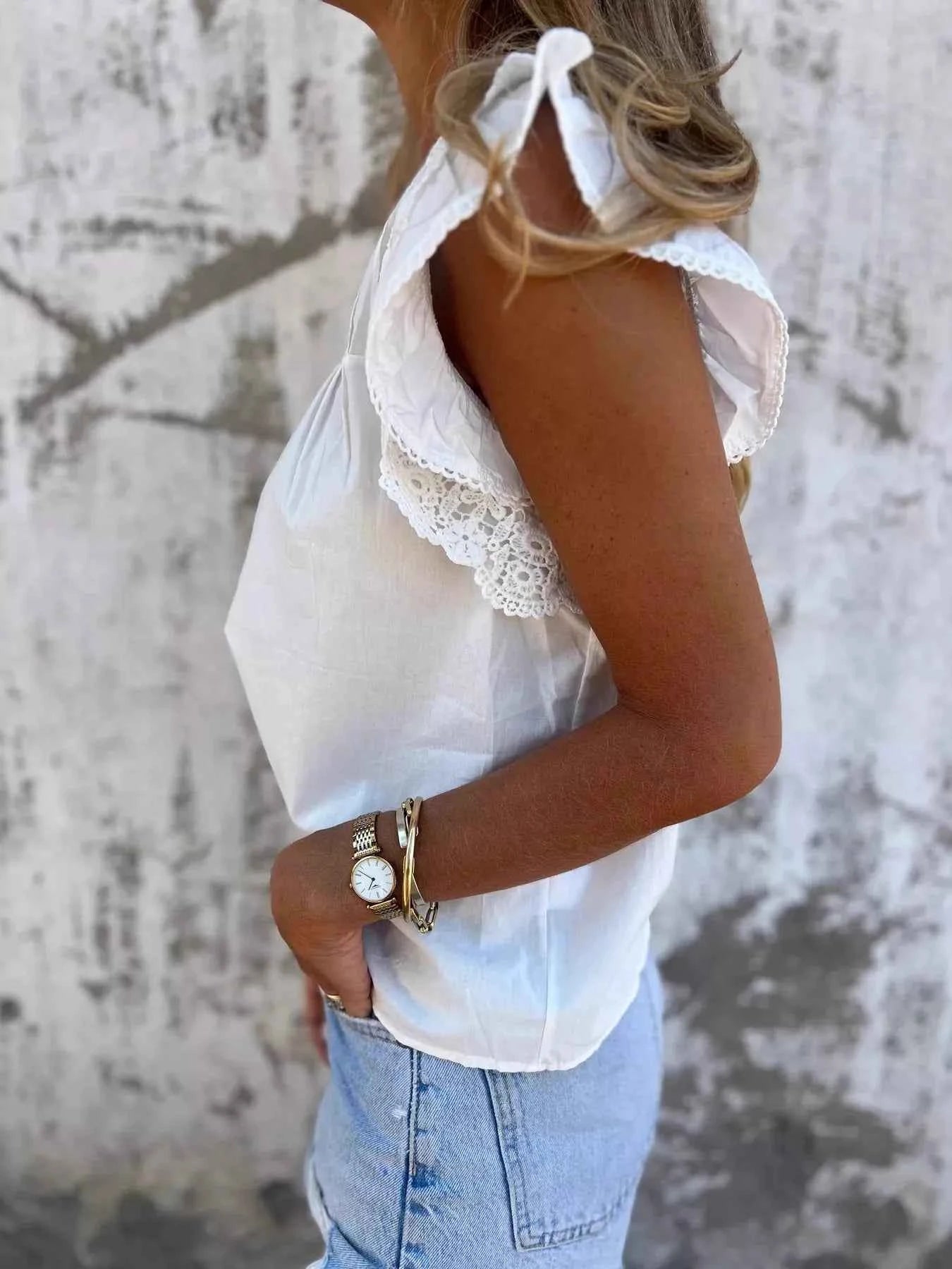 Sarah Express Women's Lace Trimmed Cap Sleeve Blouse - Elegant Polyester Top