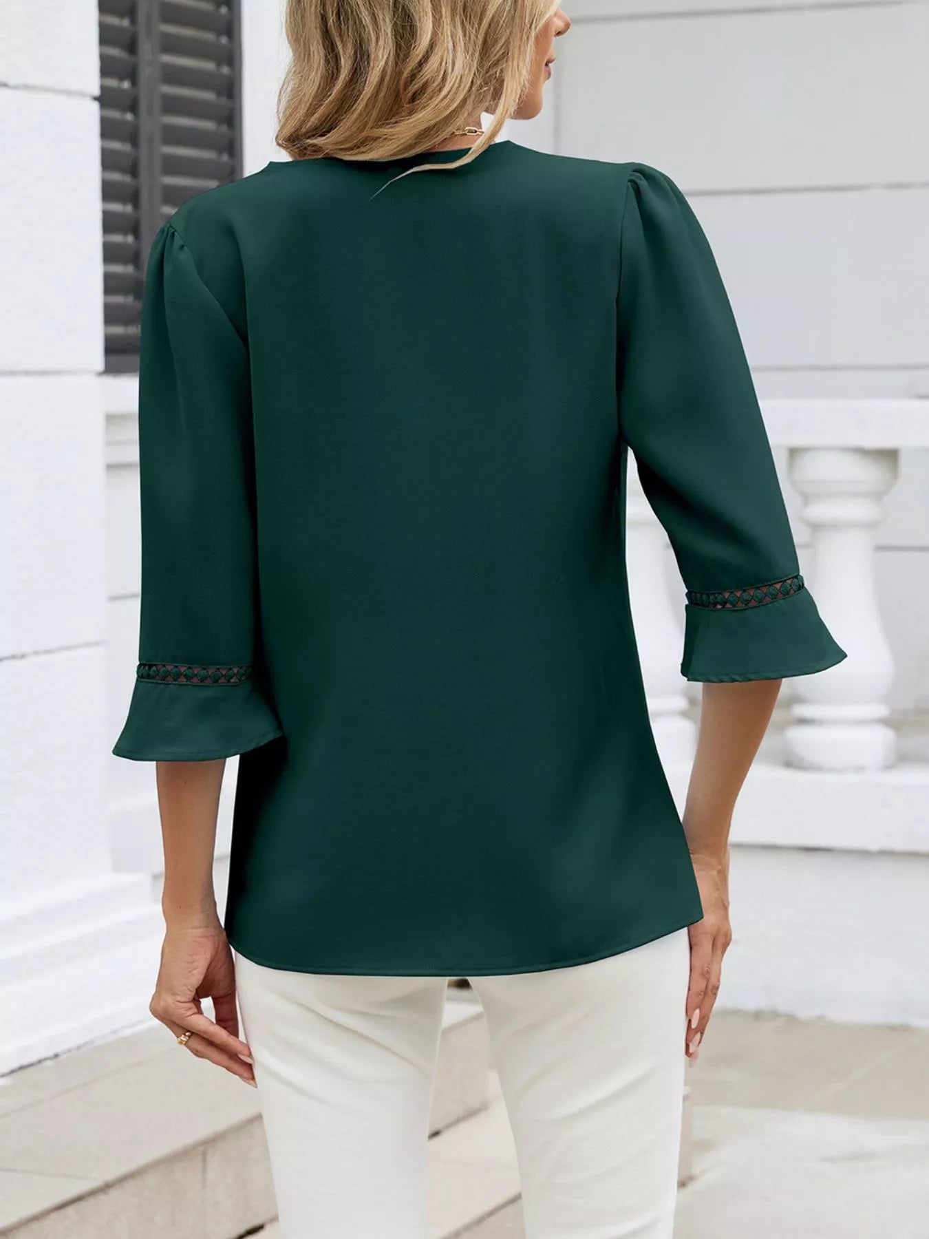 Sarah Express Women's V-Neck 3/4 Sleeve Blouse with Lace Detail