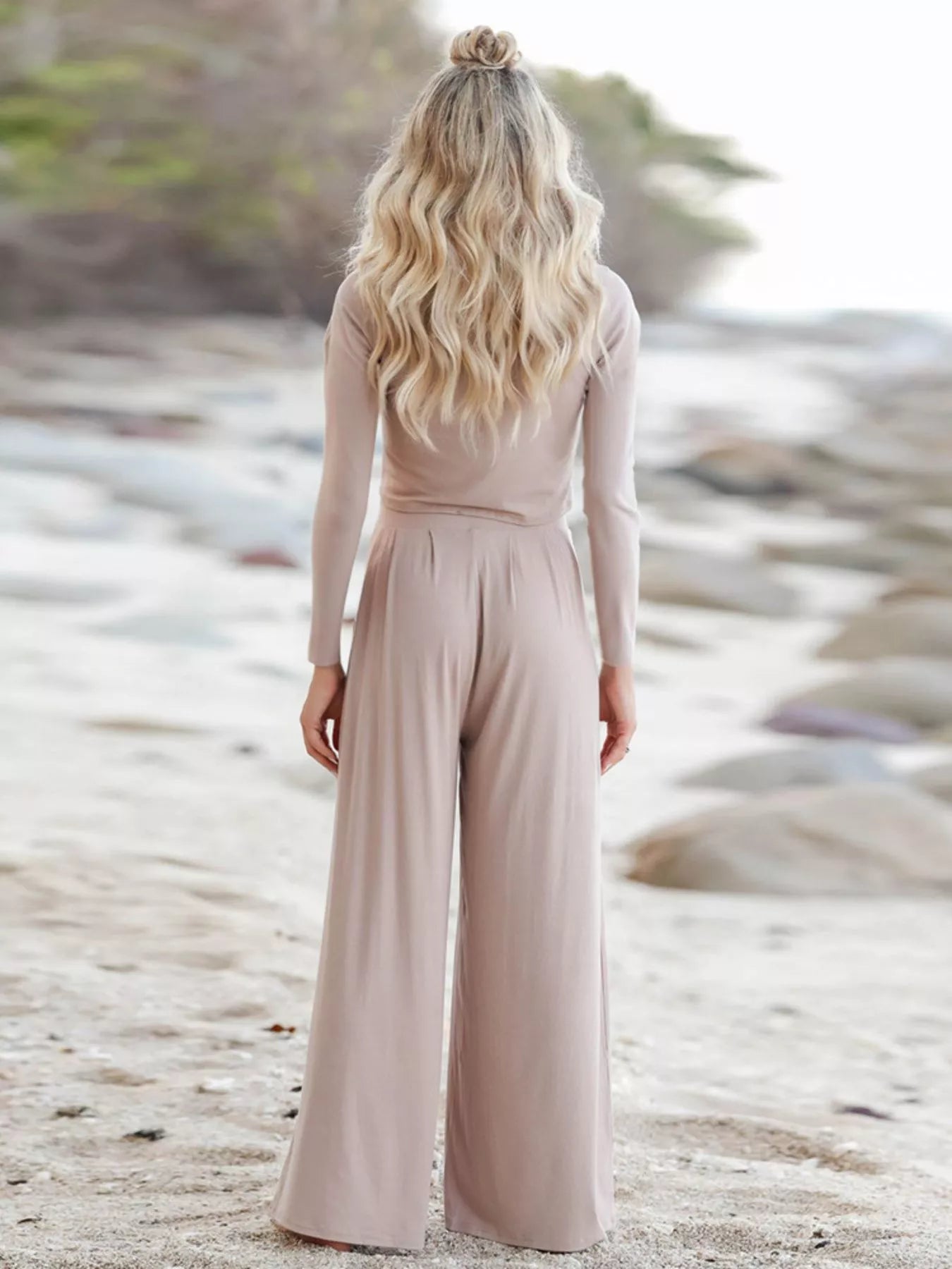 Sarah Express Women's Long Sleeve Crop Top and Wide Leg Pants Set