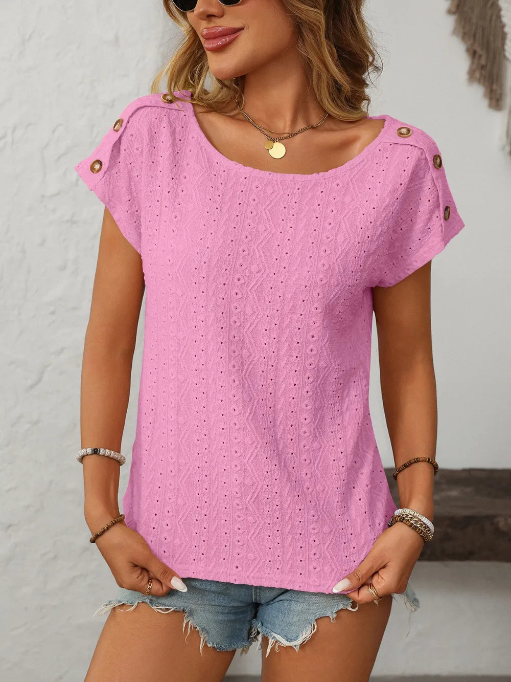 Sarah Express Women's Mandy Eyelet Round Neck Short Sleeve Top Pink