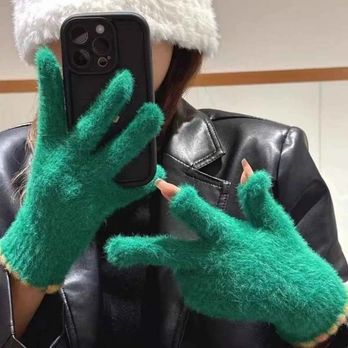 Sarah Express Women's Fuzzy Knit Gloves - Soft Plush Winter Gloves