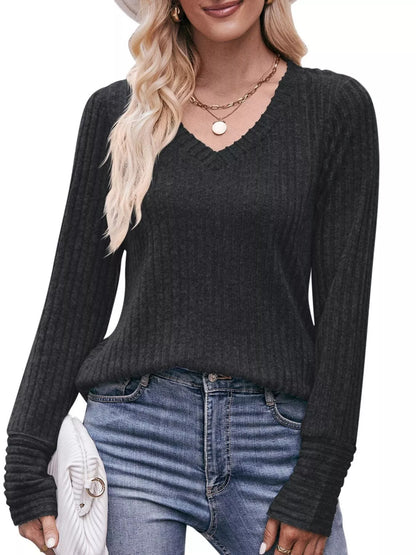 Sarah Express Women's V-Neck Ribbed Knit Long Sleeve T-Shirt Black Gray