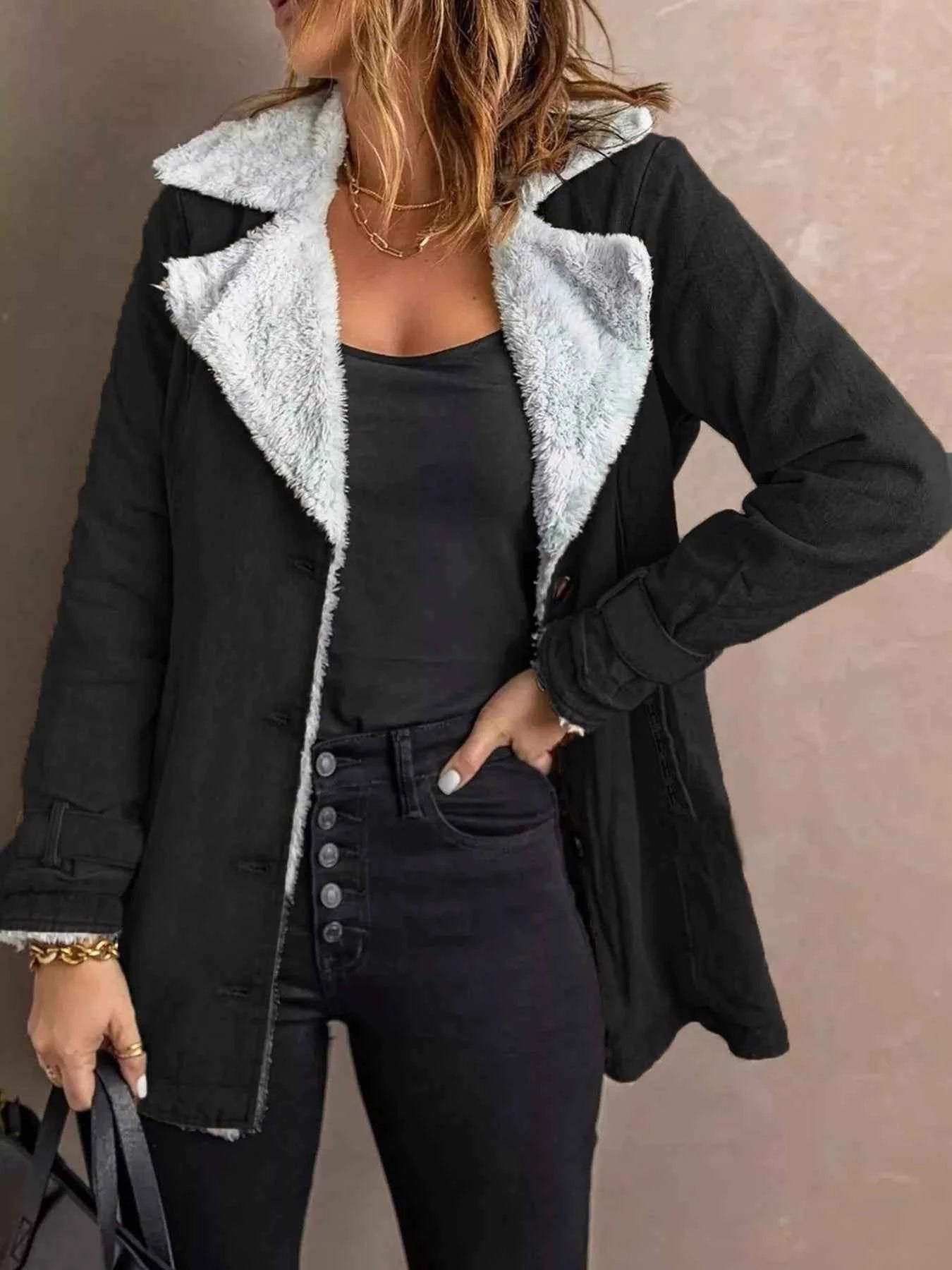 Sarah Express Women's Sherpa Lined Button Up Jacket - Cozy Fleece Outerwear Plus Size Black