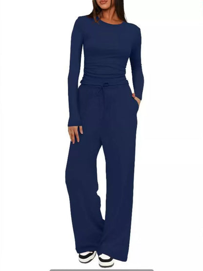 Sarah Express Women's Round Neck Long Sleeve Top and Pants Set Navy