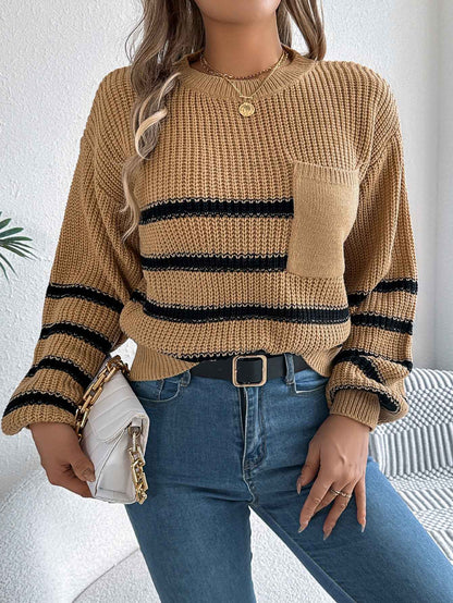 Sarah Express Women's Color Block Stripe Lantern Sleeve Pullover Sweater - Casual Knit Top