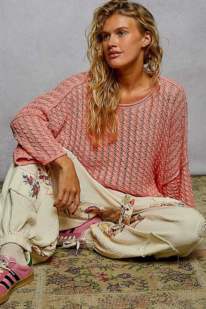 Sarah Express Women's Cable-Knit Openwork Round Neck Cropped Sweater