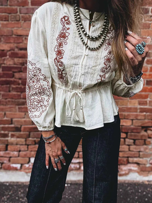 Sarah Express Women's Embroidered Drawstring Waist Blouse - Buttoned Long Sleeve Top