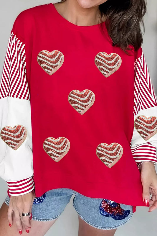 Sarah Express Women's Sequin Heart Sweatshirt Color Block Striped Valentine's Day Pullover