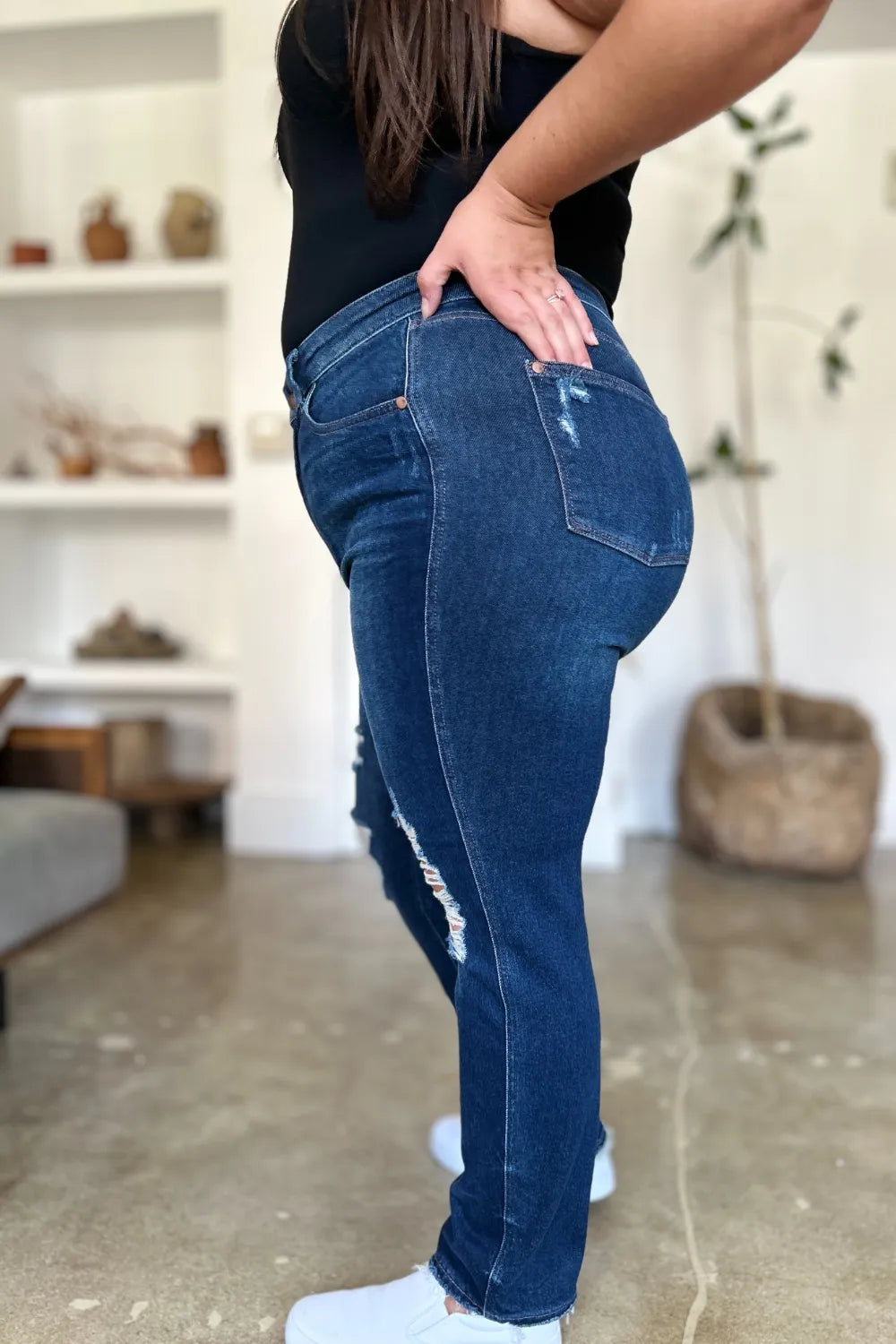 Sarah Express Women’s Plus Size High Waist Heavy Destroy Straight Jeans
