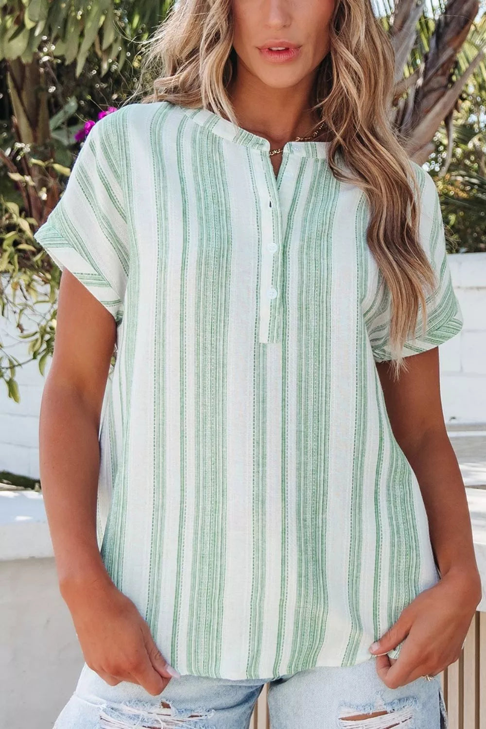 Sarah Express Women's Breathable Gauze Half Button Short Sleeve Casual Blouse