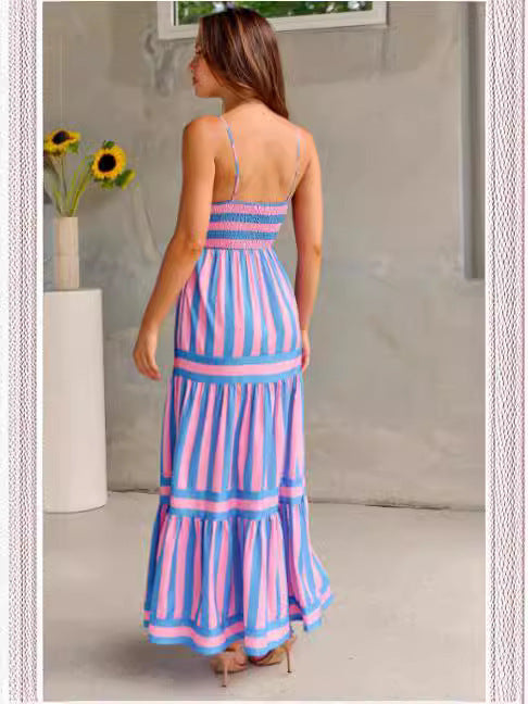 Striped Square Neck Maxi Dress Backless Suspender with Pockets