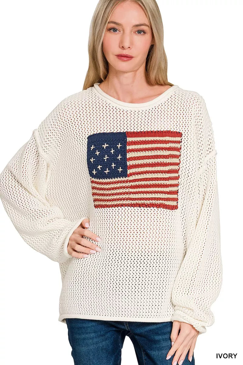 Sarah Express Women's American Flag Crew Neck Sweater IVORY