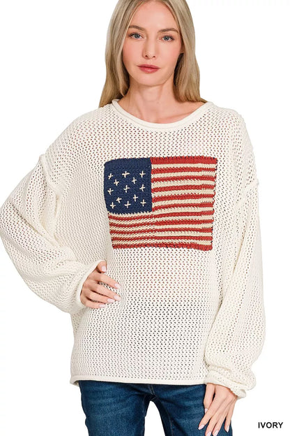 Sarah Express Women's American Flag Crew Neck Sweater IVORY