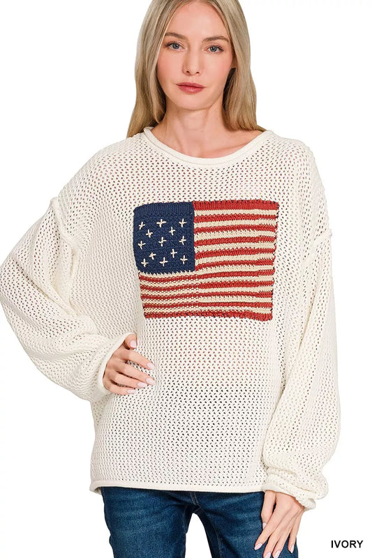 Sarah Express Women's American Flag Crew Neck Sweater IVORY