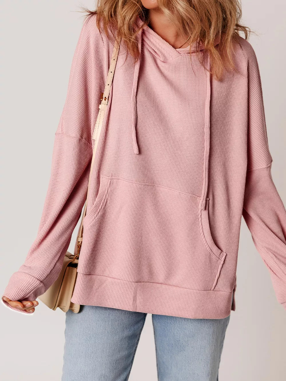 Sarah Express Women's Waffle Knit Fleece Lined High Low Oversized Hoodie Watermelon pink