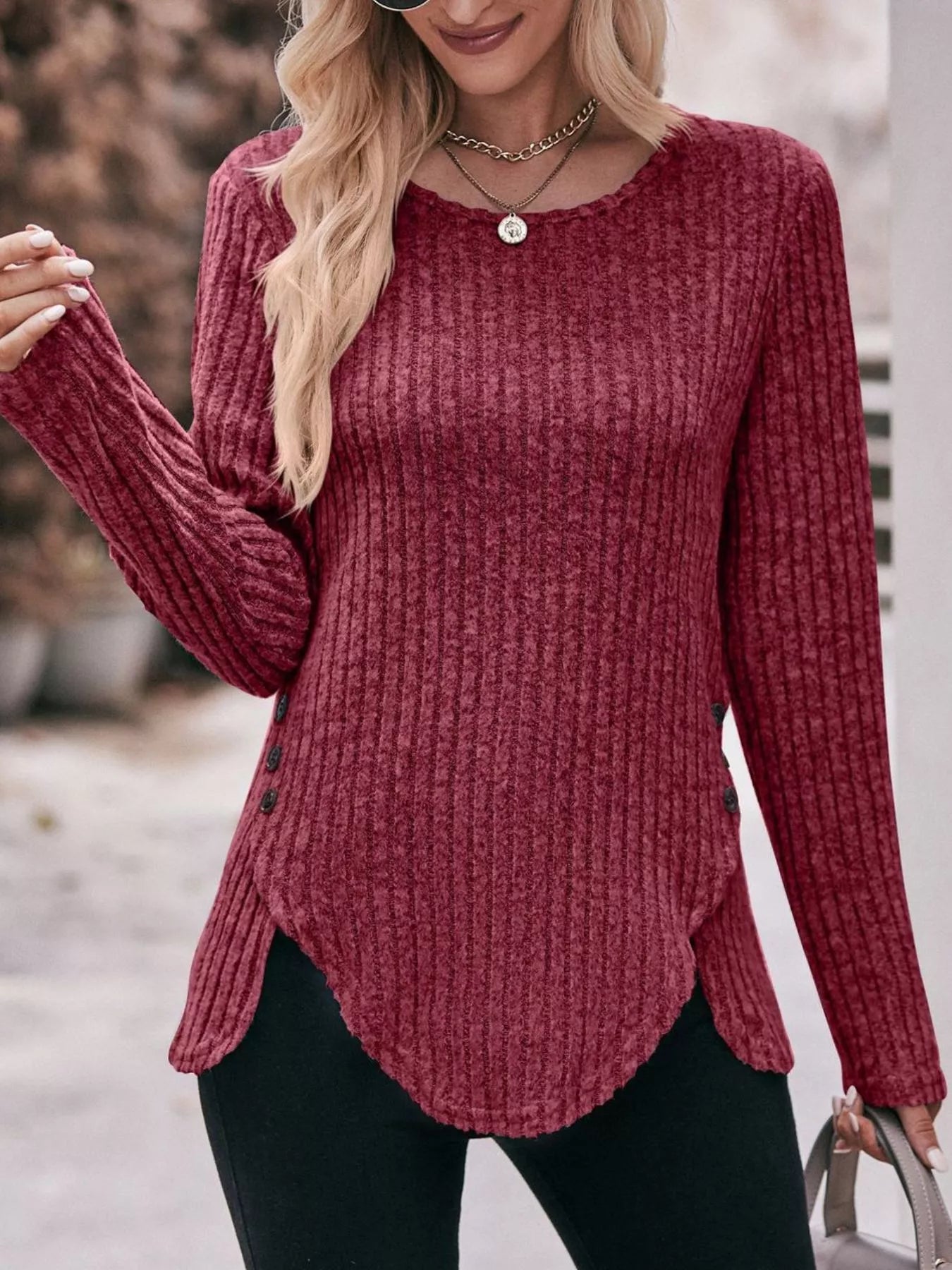 Sarah Express Women's Ribbed Knit Long Sleeve T-Shirt