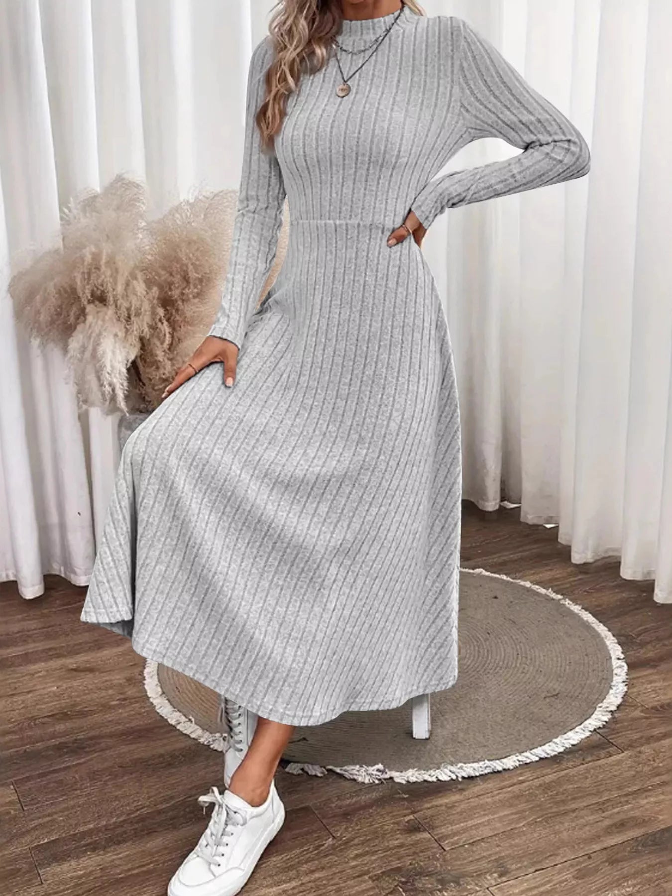 Sarah Express Women's Ribbed Knit Long Sleeve Midi Dress Gray